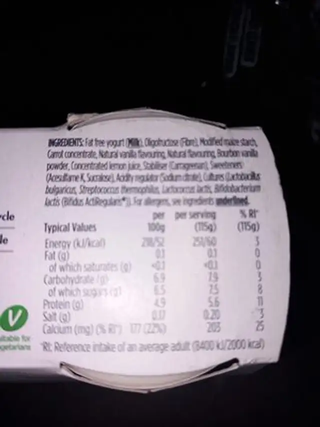 Activia Vanilla Yoghurt ingredients label