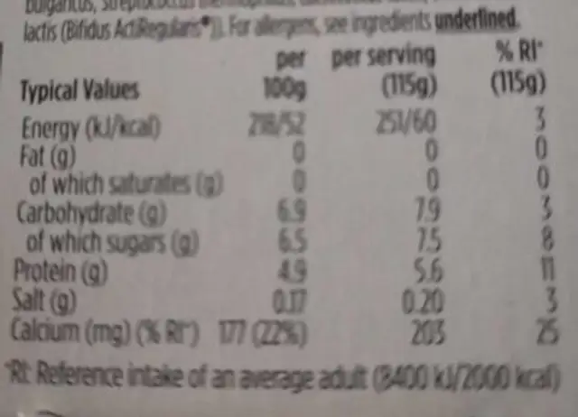 Activia Vanilla Yoghurt nutrition facts table