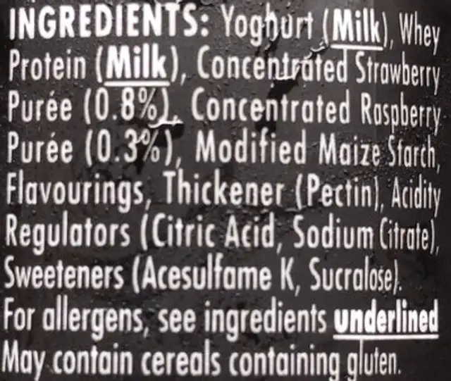 Strawberry and raspberry flavour drinking yoghurt with sweeteners ingredients label