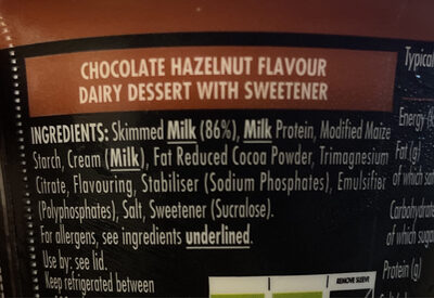 Chocolate Hazelnut Flavour Pudding ingredients label