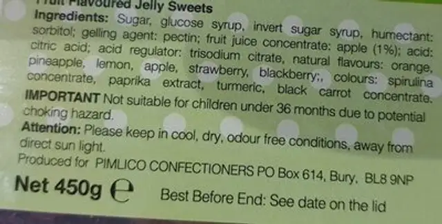 Vegetarian Fruit Jellies ingredients label