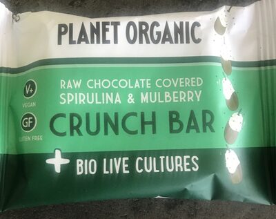 Raw chocolate covered spirulina and mulberry crunch bar