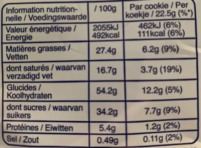 Cookie bounty nutrition facts table
