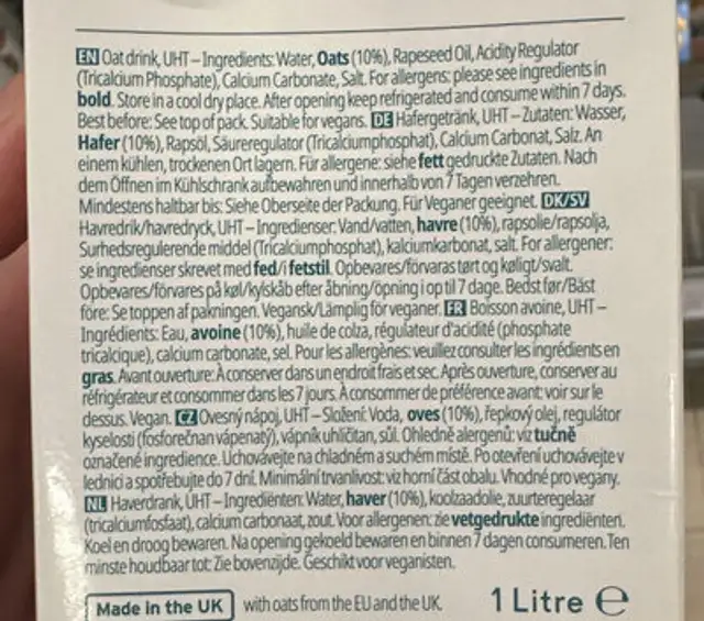 Oat Mylk ingredients label