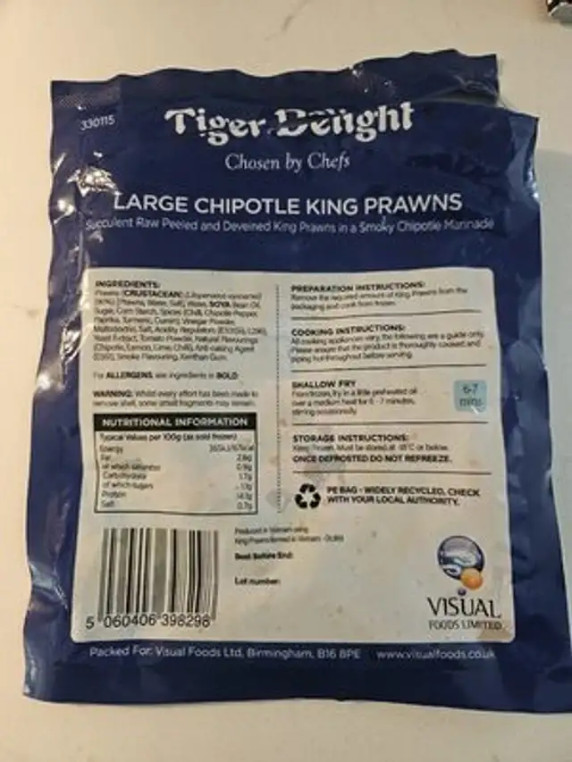 Large Chipotle Prawns nutrition facts table