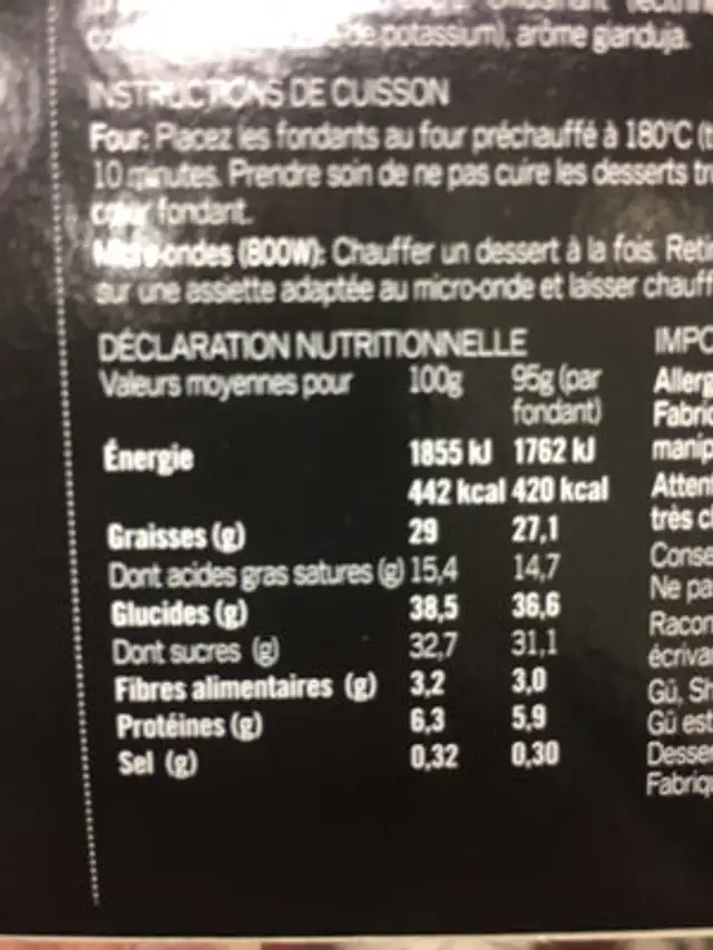 Coeurs Fondants Chocolat & Praliné Noisette nutrition facts table
