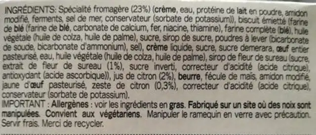 2 Cheesecakes Citron & Fleur de Sureau ingredients label