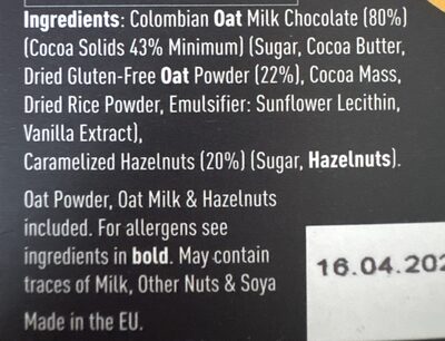 Caramelised hazelnut oat m&lk chocolate ingredients label