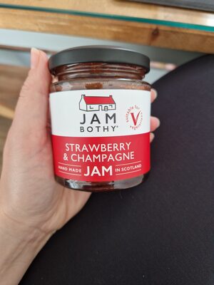 Strawberry and champagne jam front packaging