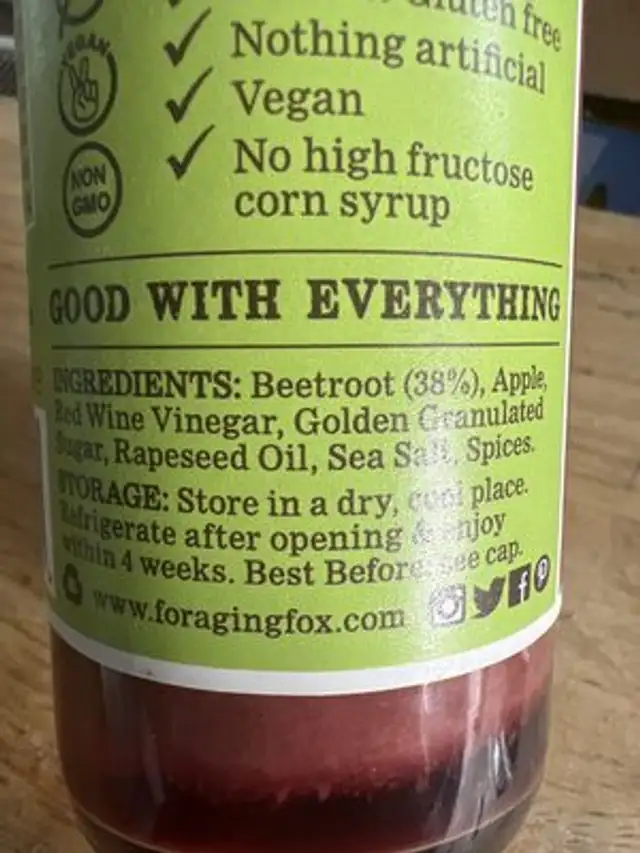 Beetroot Ketchup ingredients label