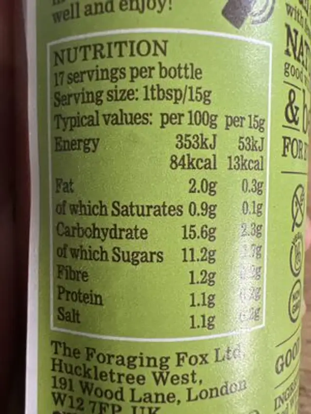 Beetroot Ketchup nutrition facts table