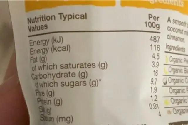Pear, Banana, Coconut & Rice nutrition facts table