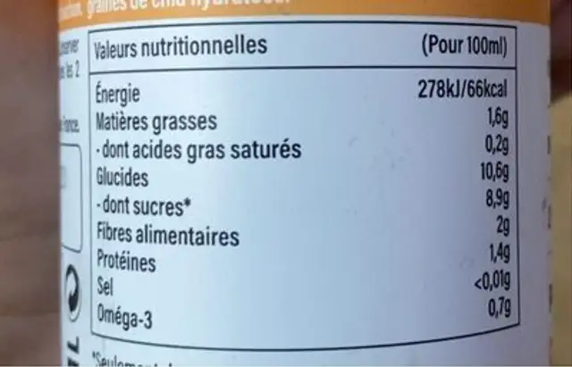 Orange Carotte & Mangue nutrition facts table