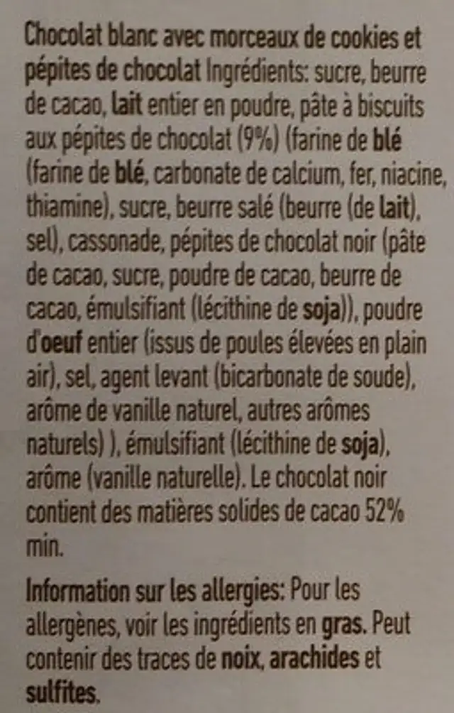 Cookies + Creme ingredients label