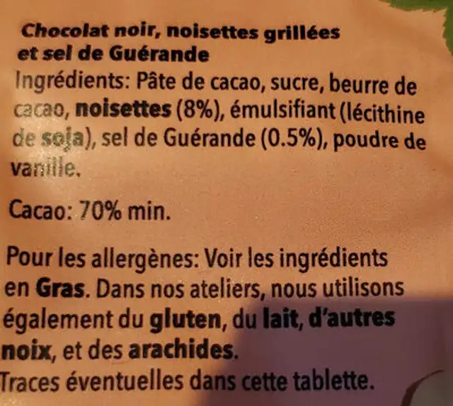 Ma tablette de chocolat noir ingredients label