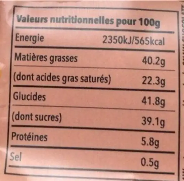Ma tablette de chocolat noir nutrition facts table