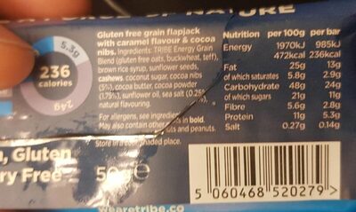 TRIBE Choc Salt Caramel Natural Energy Bars nutrition facts table