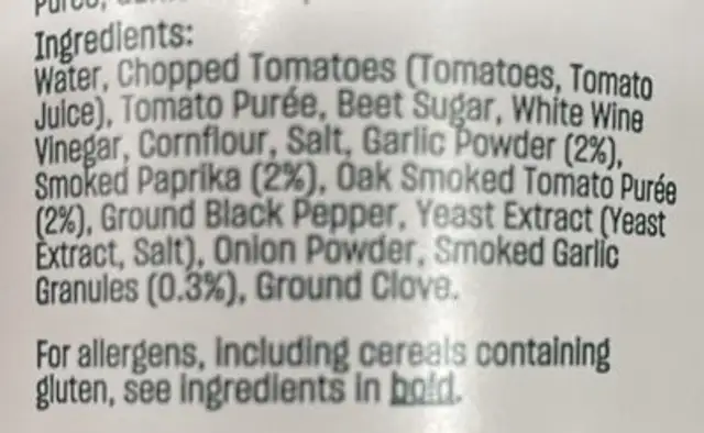 Oak Smoked Tomato Ketchup ingredients label