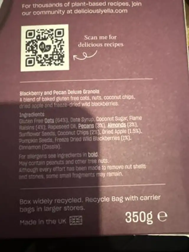Blackberry & Pecan Deluxe Granola ingredients label