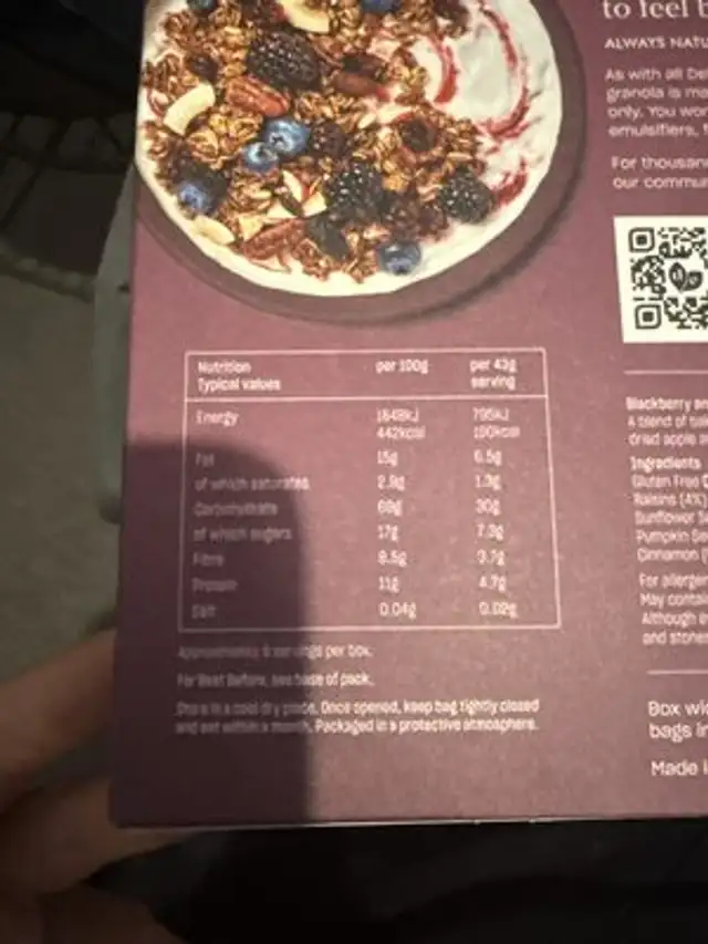 Blackberry & Pecan Deluxe Granola nutrition facts table