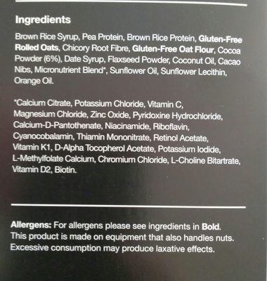Huel Cocoa & Orange Flavour Bar ingredients label
