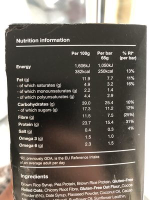 Huel Cocoa & Orange Flavour Bar nutrition facts table