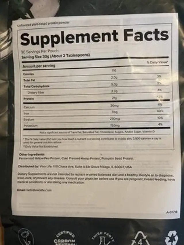 Vegan Protein nutrition facts table