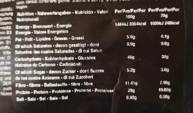 Vegan meal replacement nutrition facts table