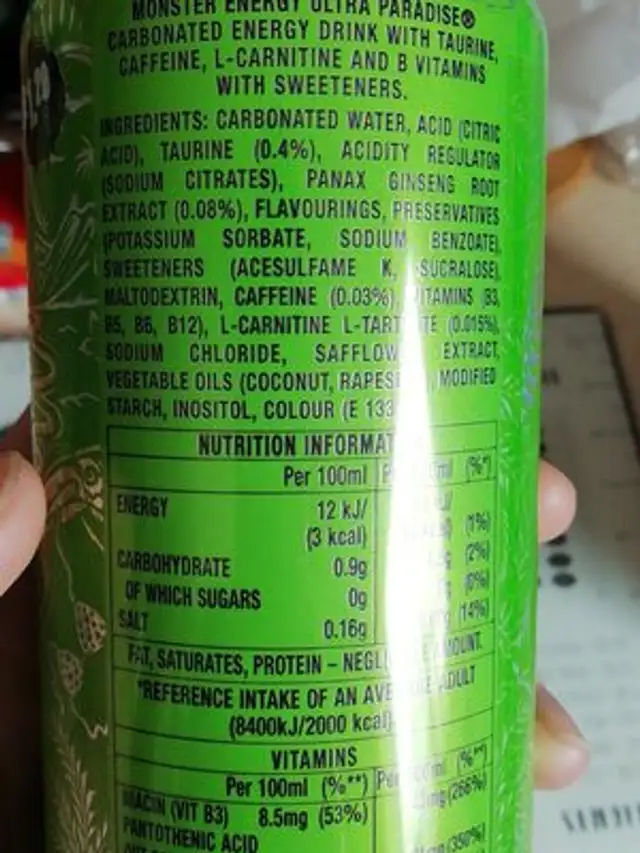 Monster Energy Ultra Paradise ingredients label