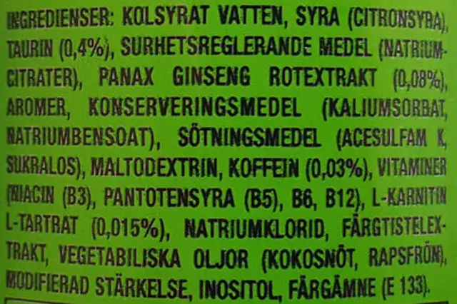 Monster Energy Ultra Paradise ingredients label