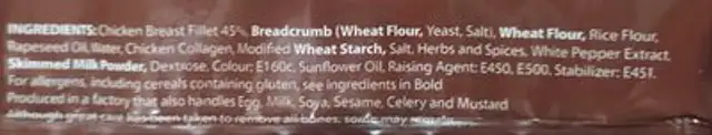 Chicken Popcorn ingredients label