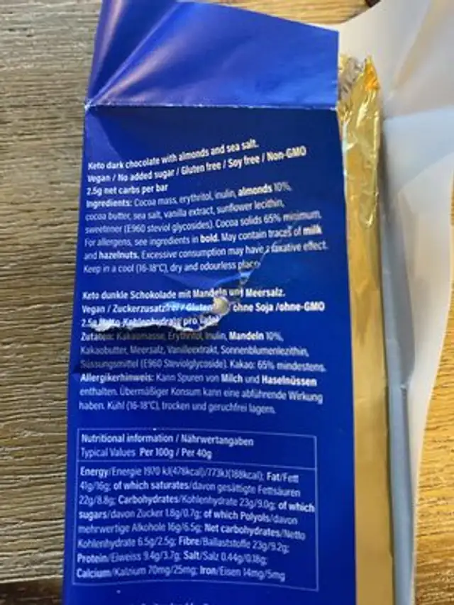 Dark Chocolate with Almonds & Sea Salt ingredients label
