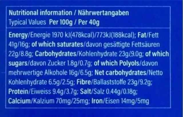 Dark Chocolate with Almonds & Sea Salt nutrition facts table