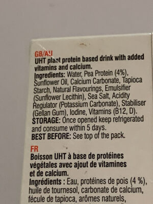 Mighty Pea Unsweetened M.LK ingredients label