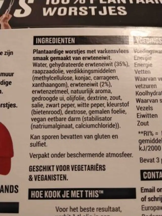 This vegetarische worstjes ingredients label