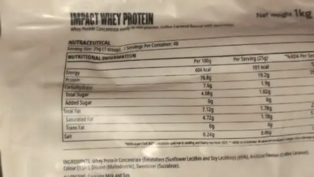 MyProtein Impact Whey Protein - Coffee Caramel nutrition facts table