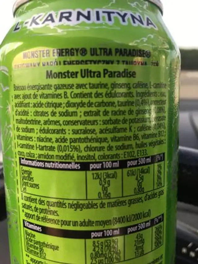 Monster Energy Ultra Paradise ingredients label