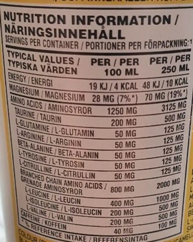 Essential AMINO nutrition facts table