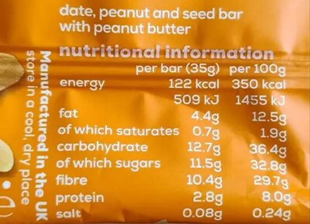 Peanut Butter High Fibre Fruit & Nut Bar nutrition facts table