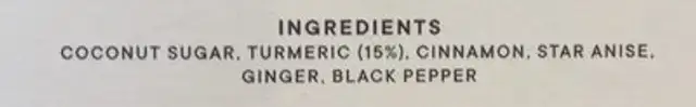 Turmeric & cinnamon blend ingredients label