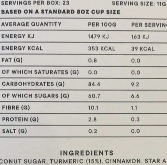 Turmeric & cinnamon blend nutrition facts table