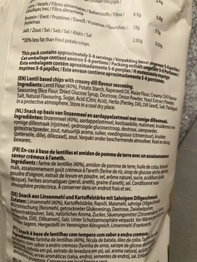 Lentil Chips Creamy Dill ingredients label