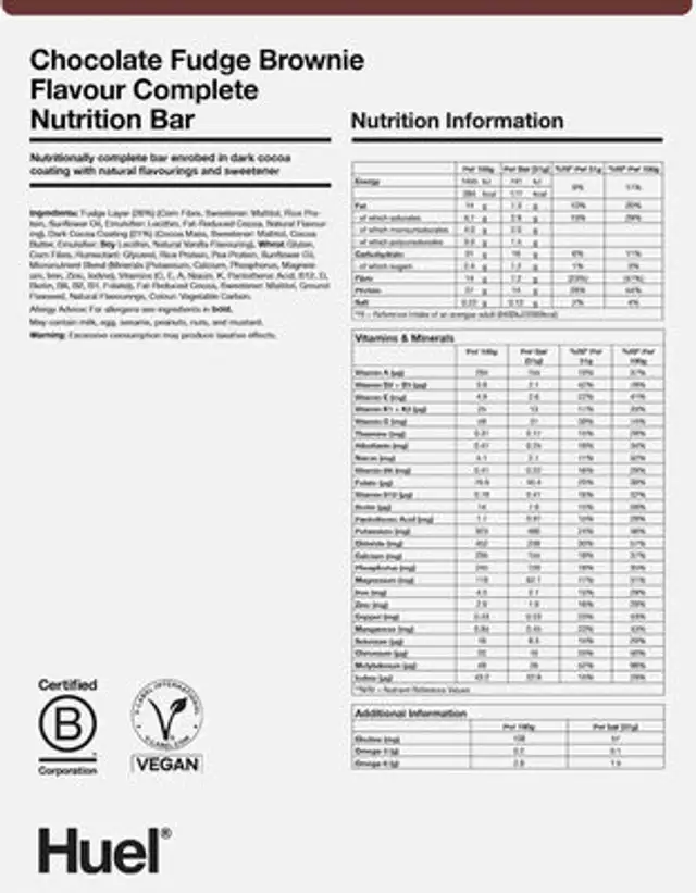 Huel Complete Nutrition Bar - Chocolate Fudge Brownie nutrition facts table