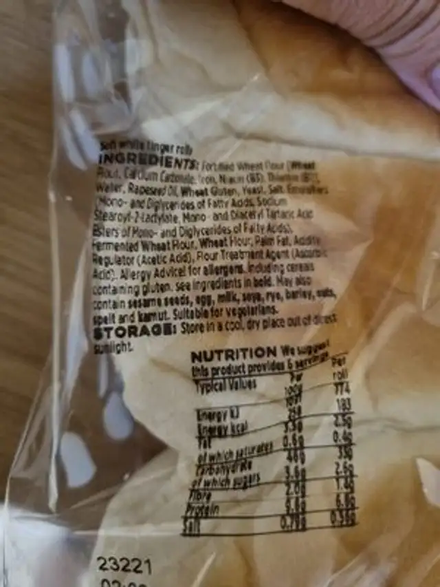 Soft White Finger Rolls ingredients label