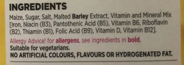 Corn Flakes ingredients label