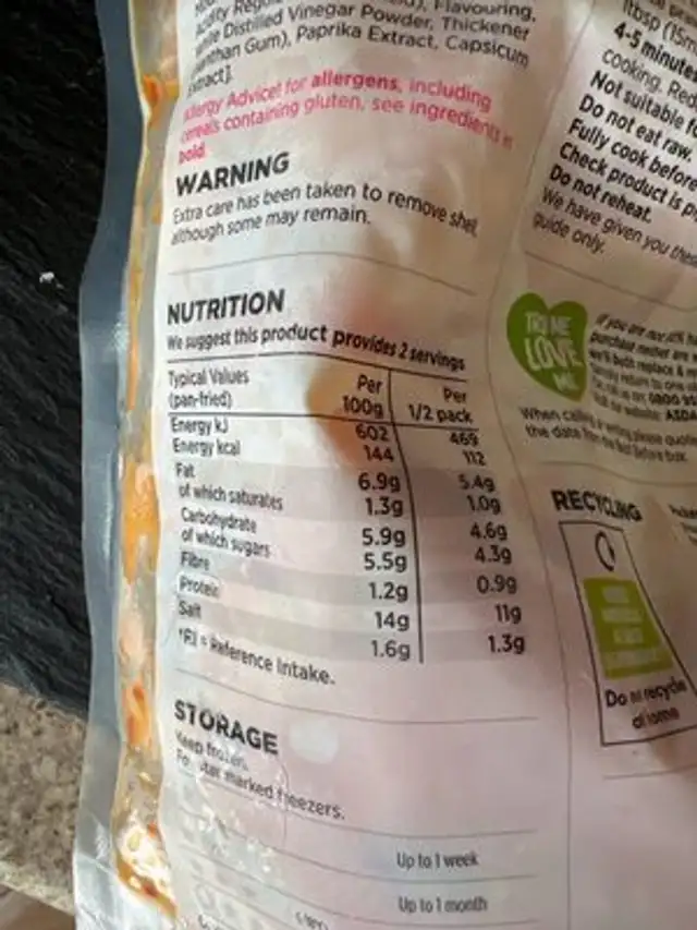 Sweet Chilli King Prawns nutrition facts table
