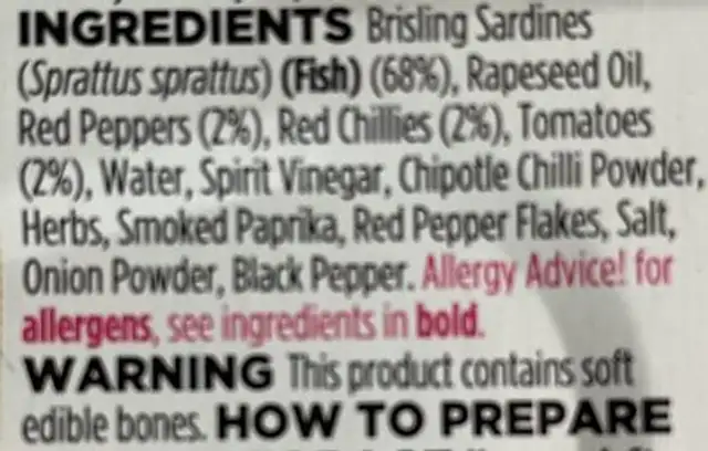 Chipotle chili, red pepper, tomato & herbe brisling sardines ingredients label