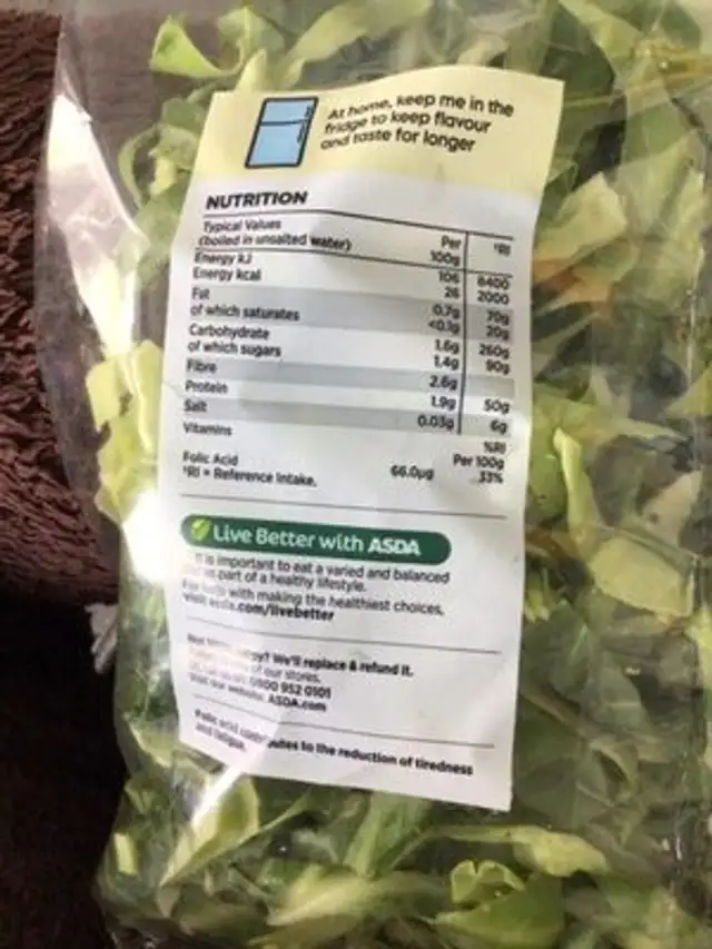 Sliced Spring Greens nutrition facts table