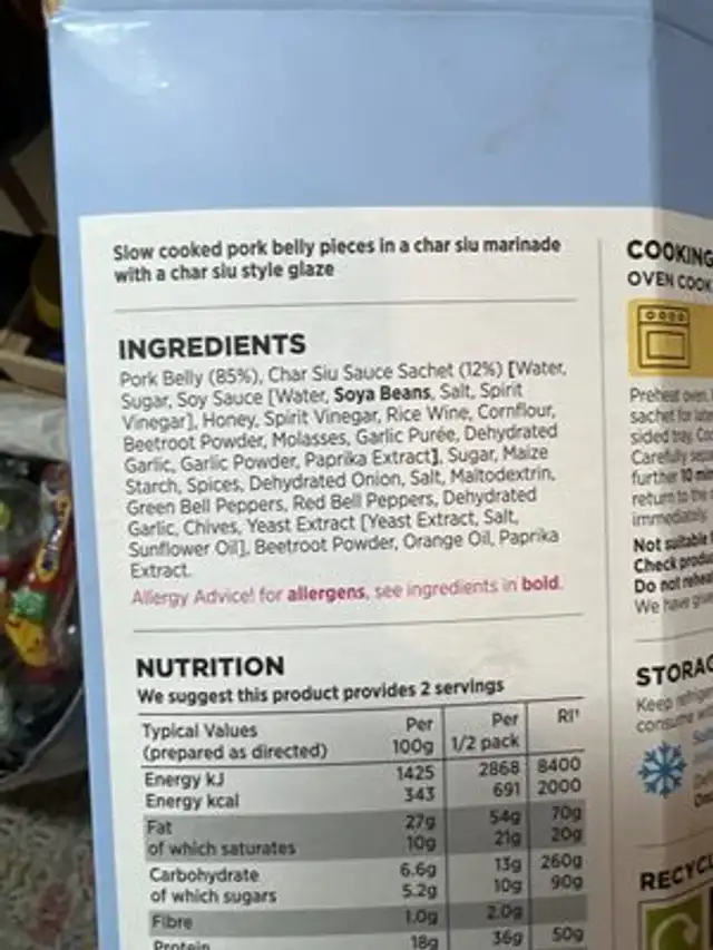 Char Sui Pork Belly Burnt Ends ingredients label
