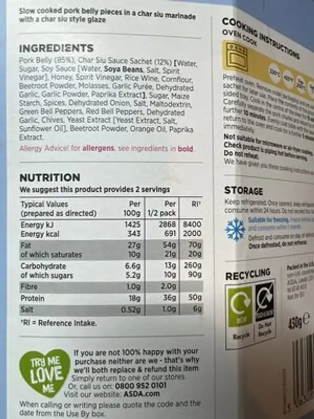 Char Sui Pork Belly Burnt Ends nutrition facts table